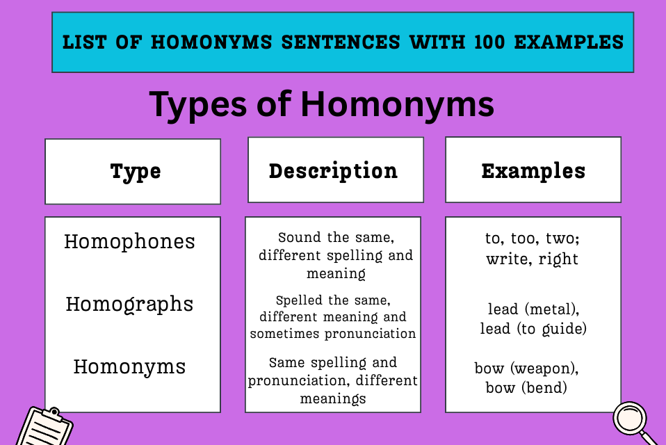 List of Homonyms Sentences with 100 Examples