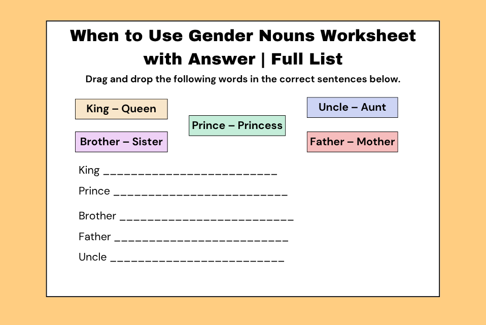 When to Use Gender Nouns Worksheet with Answer Full List