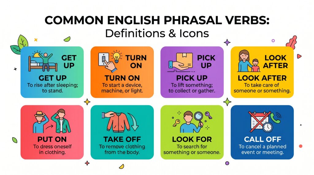 Learn 20 common English phrasal verbs with meanings and examples. Easy guide for beginners to improve speaking and fluency.